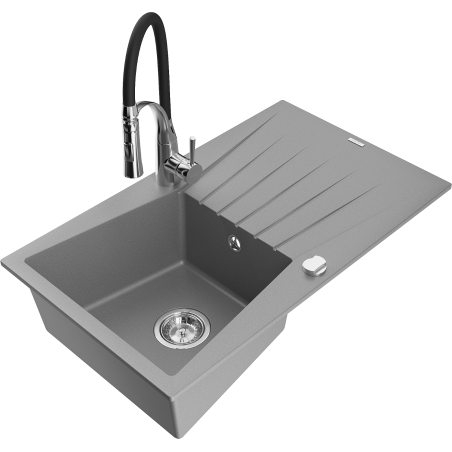 Mexen Cesar zlewozmywak granitowy 1-komorowy z ociekaczem i baterią kuchenną Aster, szary - 6514-71-73450-07