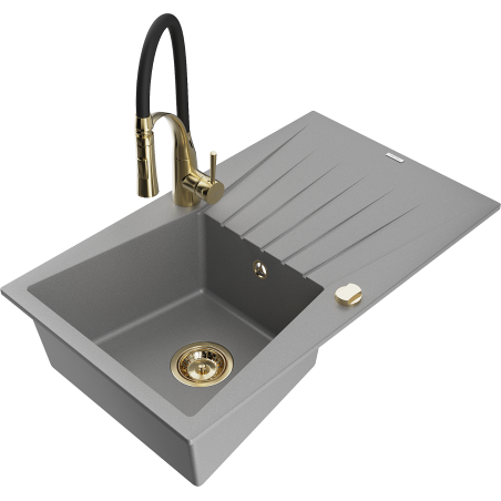 Mexen Cesar zlewozmywak granitowy 1-komorowy z ociekaczem i baterią kuchenną Aster, szary - 6514-71-73450-57-G