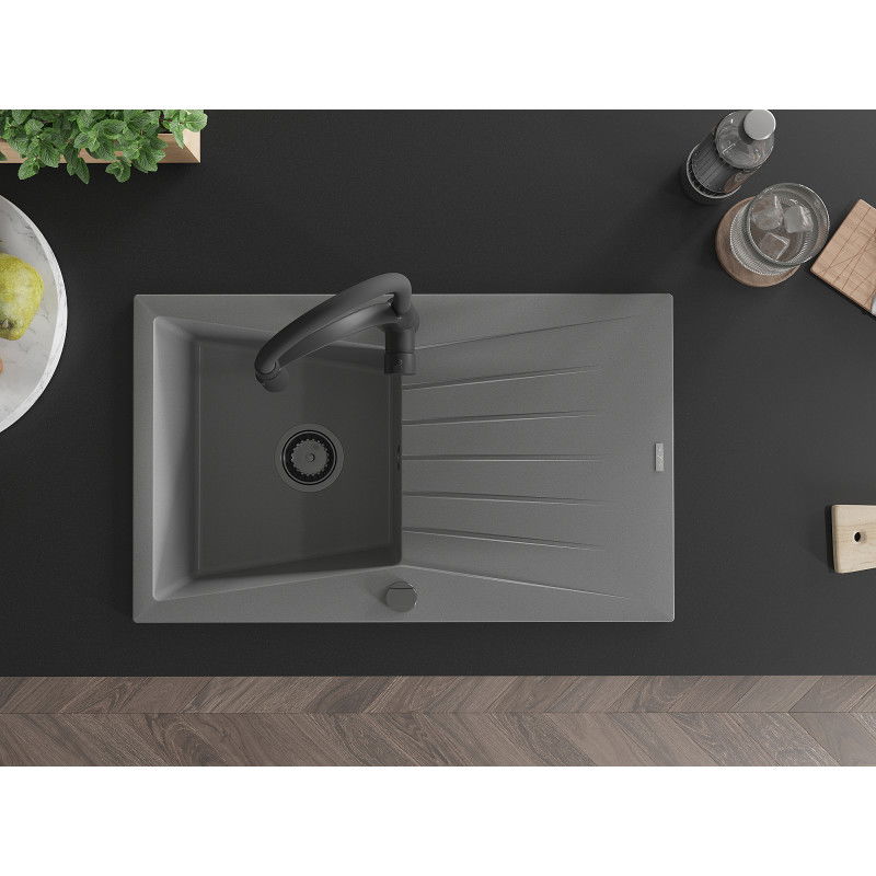 Mexen Cesar zlewozmywak granitowy 1-komorowy z ociekaczem i baterią kuchenną Aster, szary - 6514-71-73450-70-B