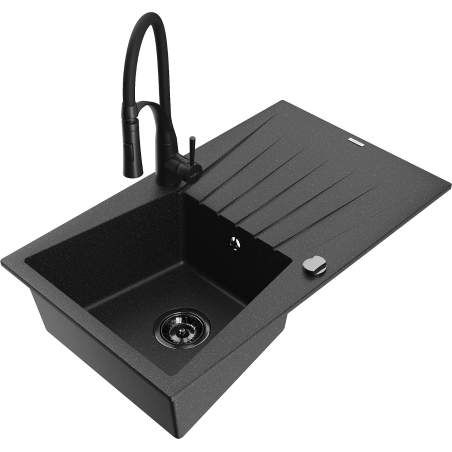 Mexen Cesar zlewozmywak granitowy 1-komorowy z ociekaczem i baterią kuchenną Aster, czarny/srebrny metalik - 6514-73-73450-70-B