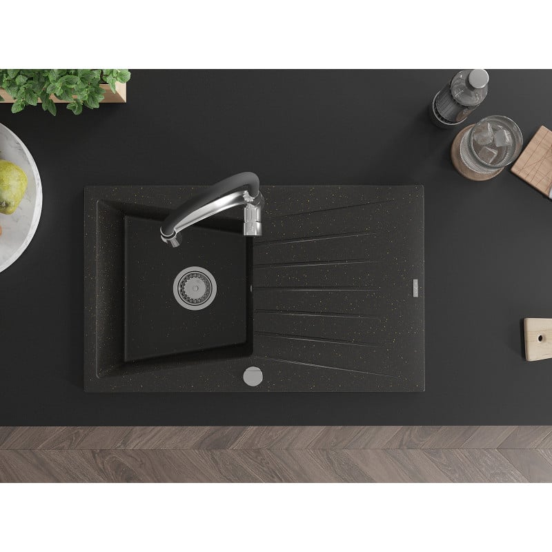 Mexen Cesar zlewozmywak granitowy 1-komorowy z ociekaczem i baterią kuchenną Aster, czarny/złoty metalik - 6514-75-73450-07