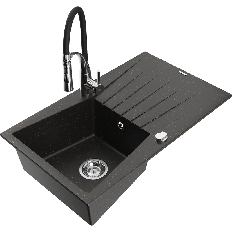 Mexen Cesar zlewozmywak granitowy 1-komorowy z ociekaczem i baterią kuchenną Aster, czarny/złoty metalik - 6514-75-73450-07