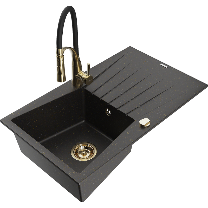 Mexen Cesar zlewozmywak granitowy 1-komorowy z ociekaczem i baterią kuchenną Aster, czarny/złoty metalik - 6514-75-73450-57-G