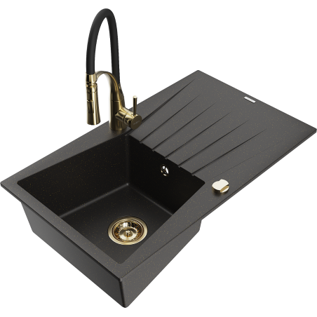 Mexen Cesar zlewozmywak granitowy 1-komorowy z ociekaczem i baterią kuchenną Aster, czarny/złoty metalik - 6514-75-73450-57-G