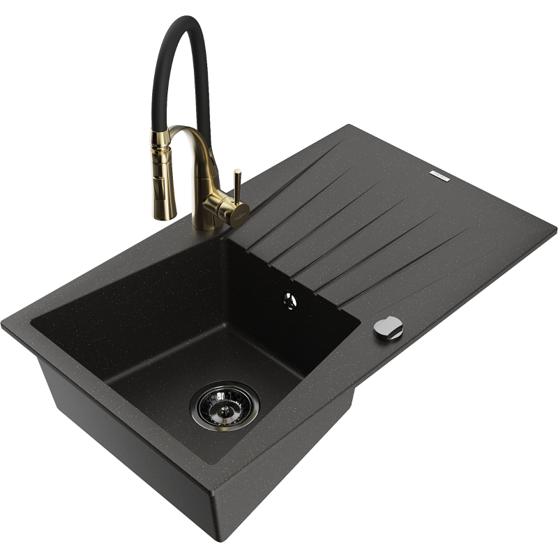 Mexen Cesar zlewozmywak granitowy 1-komorowy z ociekaczem i baterią kuchenną Aster, czarny/złoty metalik - 6514-75-73450-57-B