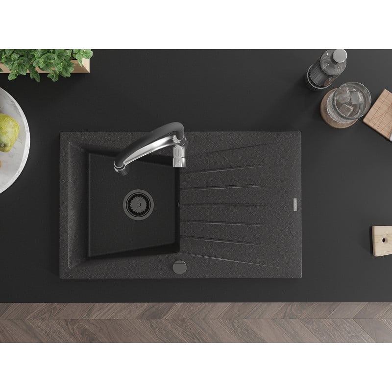 Mexen Cesar zlewozmywak granitowy 1-komorowy z ociekaczem i baterią kuchenną Aster, czarny nakrapiany - 6514-76-73450-07-B