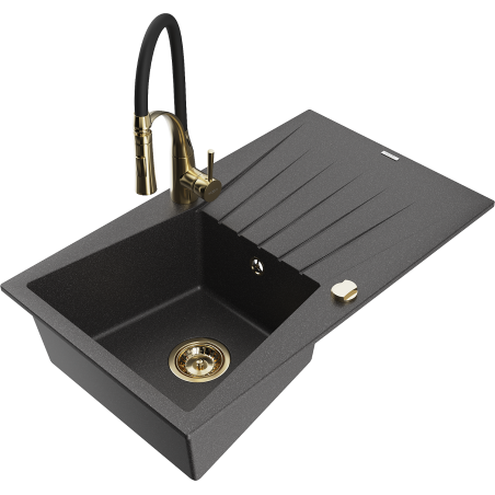 Mexen Cesar zlewozmywak granitowy 1-komorowy z ociekaczem i baterią kuchenną Aster, czarny nakrapiany - 6514-76-73450-57-G