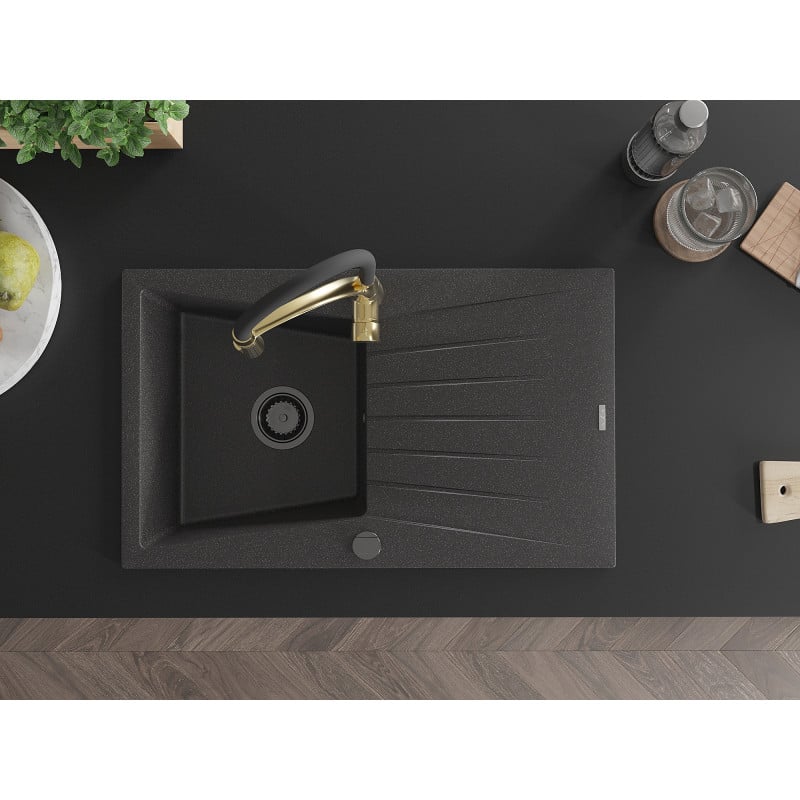 Mexen Cesar zlewozmywak granitowy 1-komorowy z ociekaczem i baterią kuchenną Aster, czarny nakrapiany - 6514-76-73450-57-B