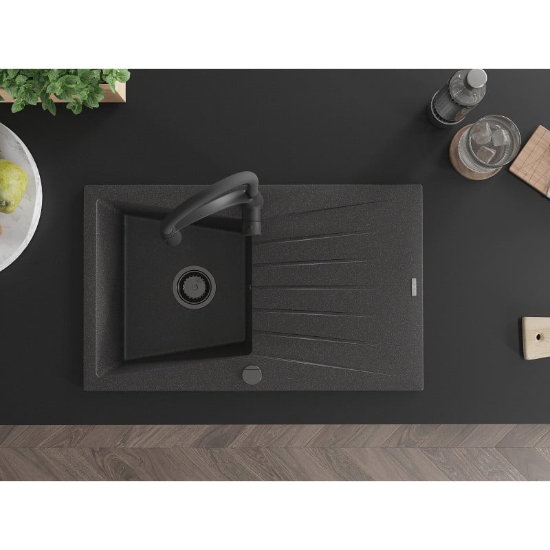 Mexen Cesar zlewozmywak granitowy 1-komorowy z ociekaczem i baterią kuchenną Aster, czarny nakrapiany - 6514-76-73450-70-B