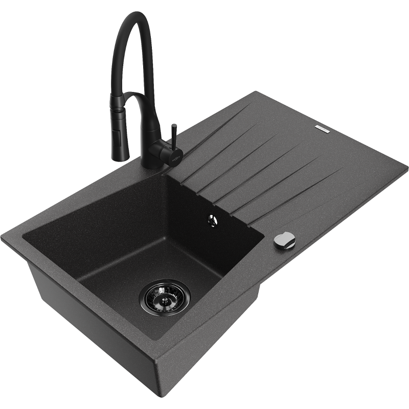 Mexen Cesar zlewozmywak granitowy 1-komorowy z ociekaczem i baterią kuchenną Aster, czarny nakrapiany - 6514-76-73450-70-B