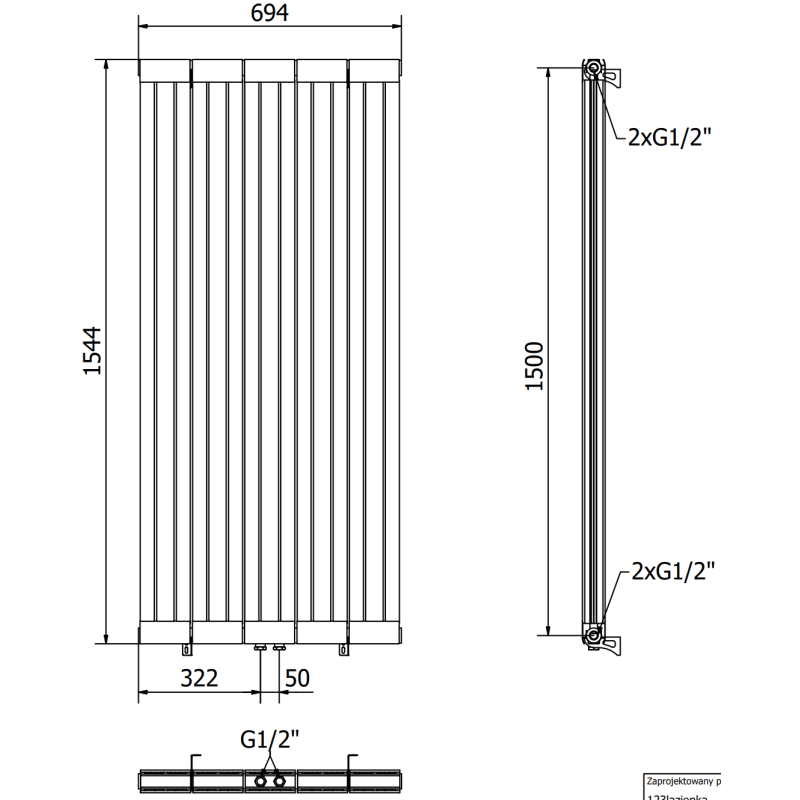 Mexen Waco grzejnik dekoracyjny 1544 x 694 mm, 1550 W, czarny - W217-1544-694-00-70