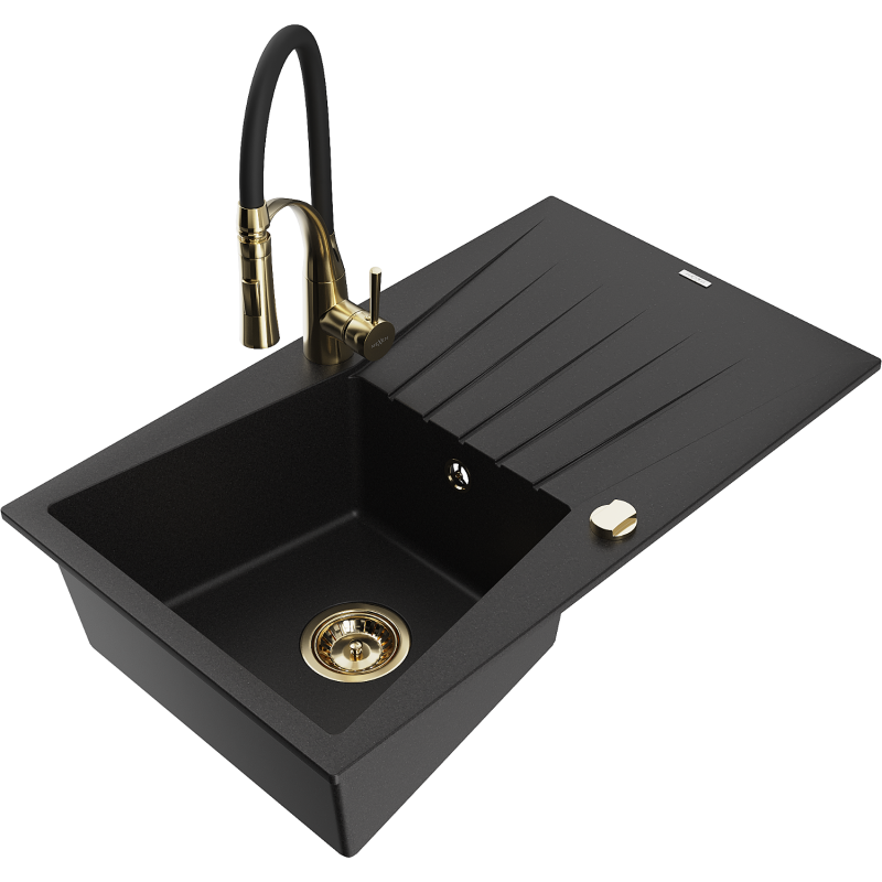 Mexen Cesar zlewozmywak granitowy 1-komorowy z ociekaczem i baterią kuchenną Aster, czarny - 6514-77-73450-57-G