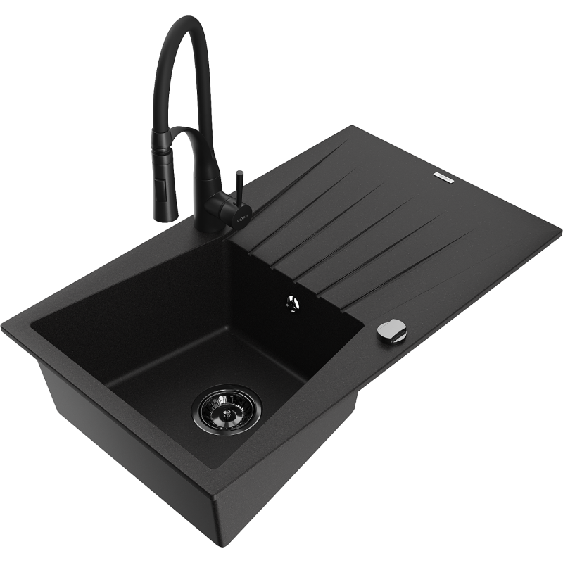 Mexen Cesar zlewozmywak granitowy 1-komorowy z ociekaczem i baterią kuchenną Aster, czarny - 6514-77-73450-70-B