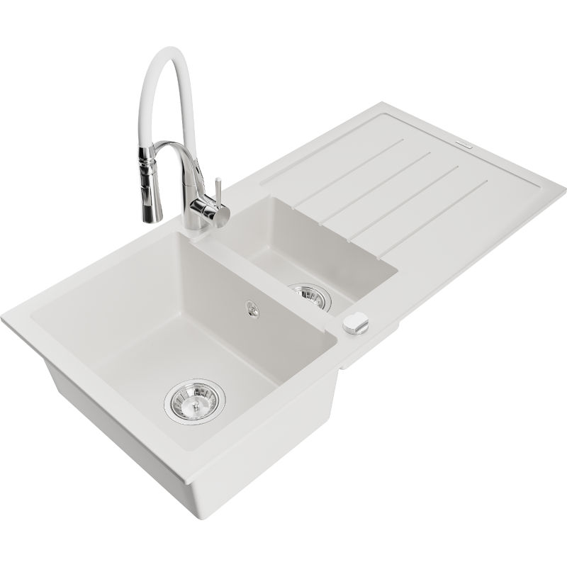 Mexen Andres zlewozmywak granitowy 1,5-komorowy z ociekaczem i baterią kuchenną Aster, biały - 6515-20-73450-02