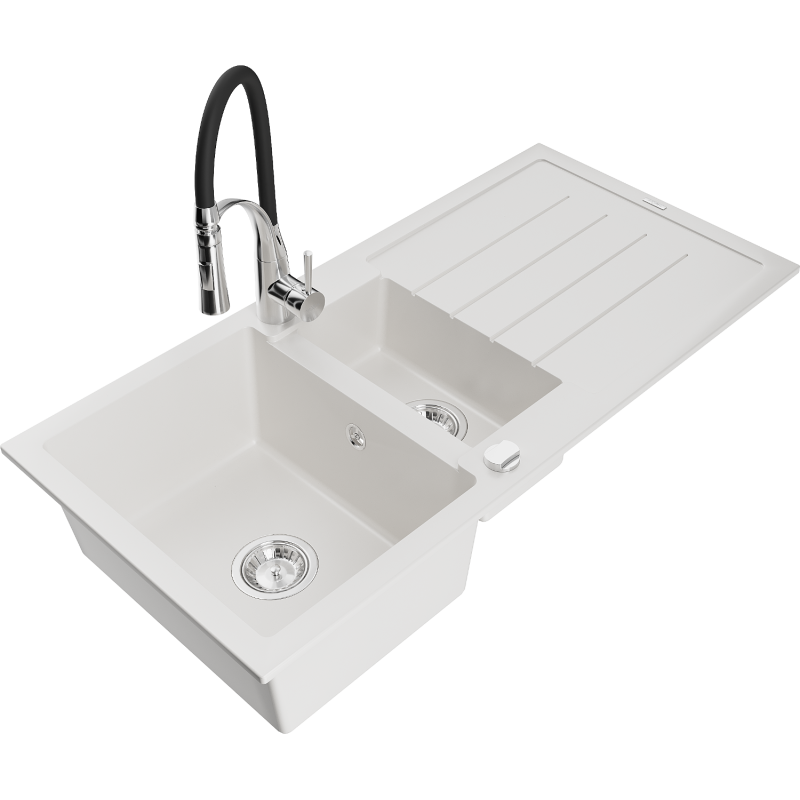 Mexen Andres zlewozmywak granitowy 1,5-komorowy z ociekaczem i baterią kuchenną Aster, biały - 6515-20-73450-07