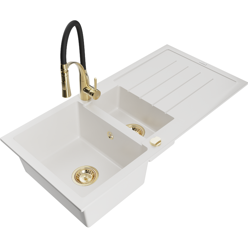 Mexen Andres zlewozmywak granitowy 1,5-komorowy z ociekaczem i baterią kuchenną Aster, biały - 6515-20-73450-57-G