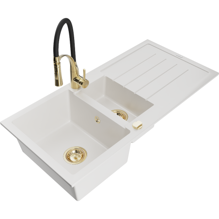 Mexen Andres zlewozmywak granitowy 1,5-komorowy z ociekaczem i baterią kuchenną Aster, biały - 6515-20-73450-57-G