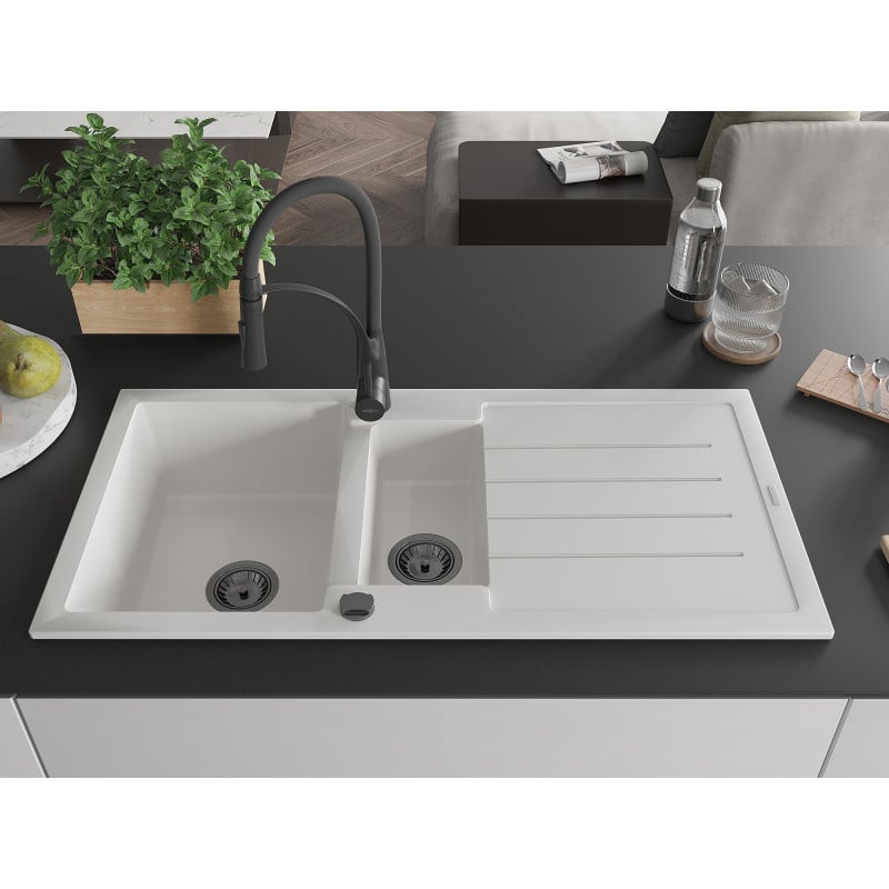 Mexen Andres zlewozmywak granitowy 1,5-komorowy z ociekaczem i baterią kuchenną Aster, biały - 6515-20-73450-70-B