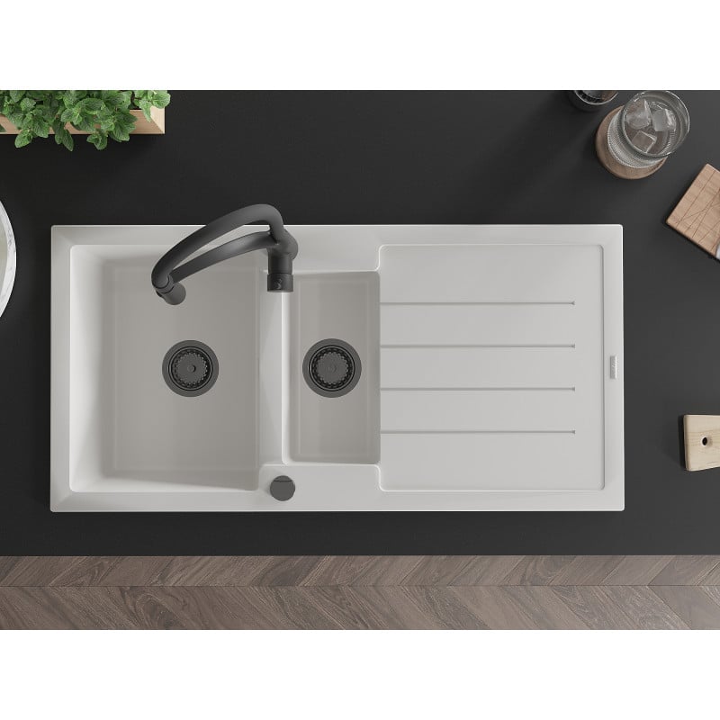 Mexen Andres zlewozmywak granitowy 1,5-komorowy z ociekaczem i baterią kuchenną Aster, biały - 6515-20-73450-70-B