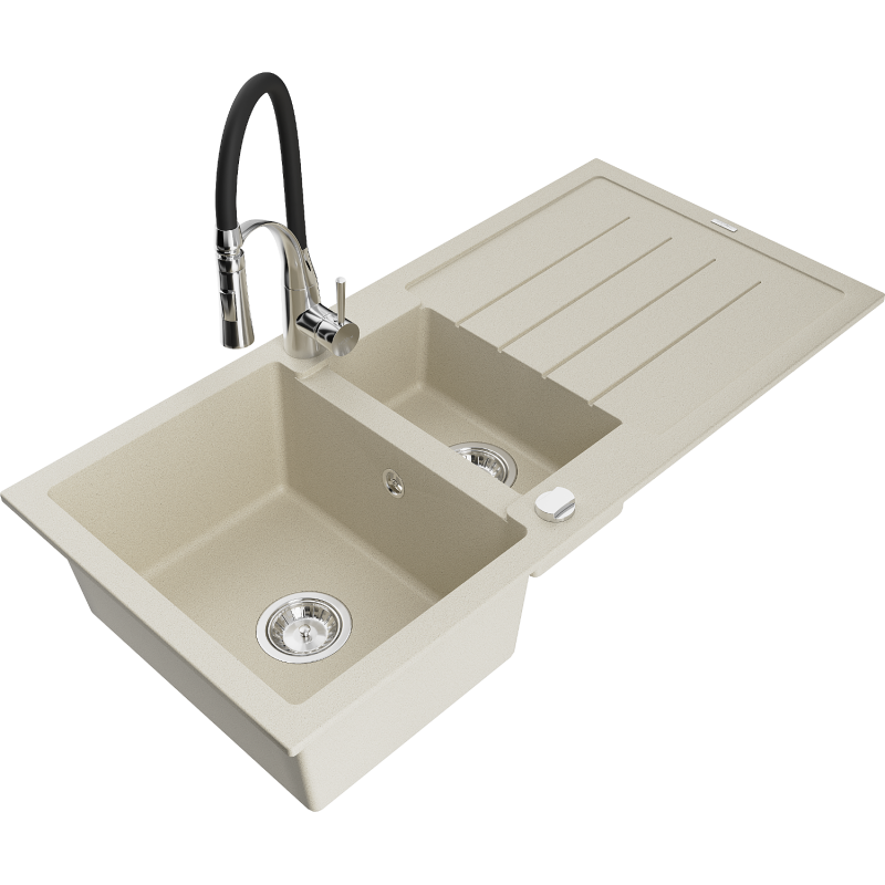 Mexen Andres zlewozmywak granitowy 1,5-komorowy z ociekaczem i baterią kuchenną Aster, beżowy - 6515-69-73450-07