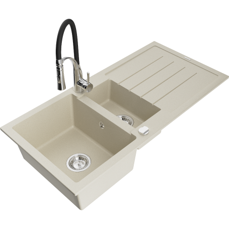 Mexen Andres zlewozmywak granitowy 1,5-komorowy z ociekaczem i baterią kuchenną Aster, beżowy - 6515-69-73450-07