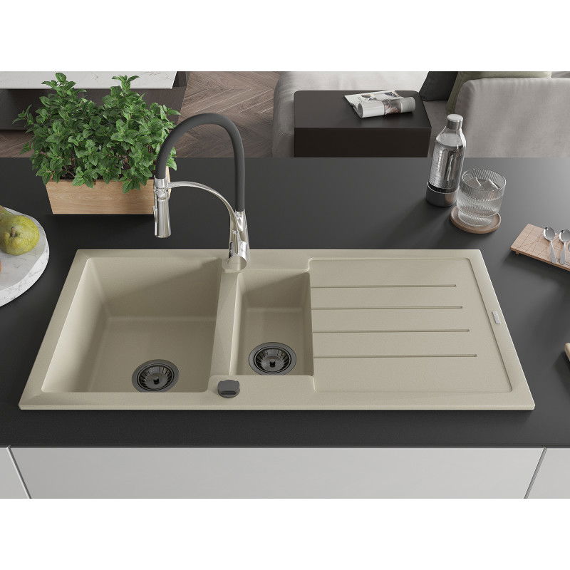 Mexen Andres zlewozmywak granitowy 1,5-komorowy z ociekaczem i baterią kuchenną Aster, beżowy - 6515-69-73450-07-B