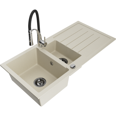 Mexen Andres zlewozmywak granitowy 1,5-komorowy z ociekaczem i baterią kuchenną Aster, beżowy - 6515-69-73450-07-B