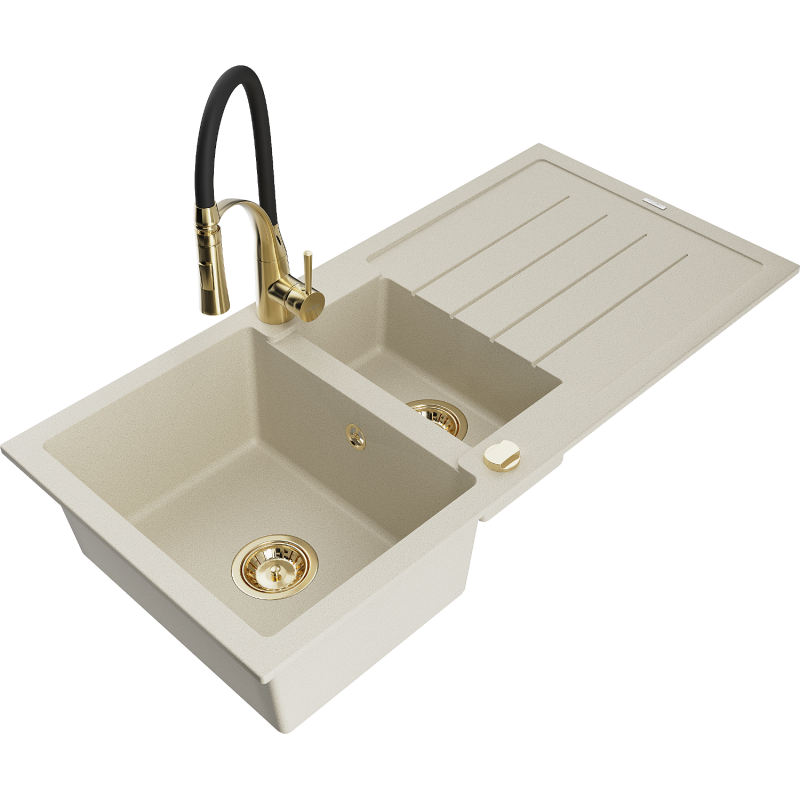 Mexen Andres zlewozmywak granitowy 1,5-komorowy z ociekaczem i baterią kuchenną Aster, beżowy - 6515-69-73450-57-G