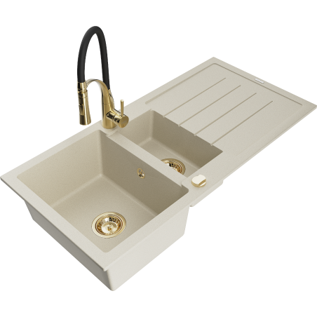 Mexen Andres zlewozmywak granitowy 1,5-komorowy z ociekaczem i baterią kuchenną Aster, beżowy - 6515-69-73450-57-G