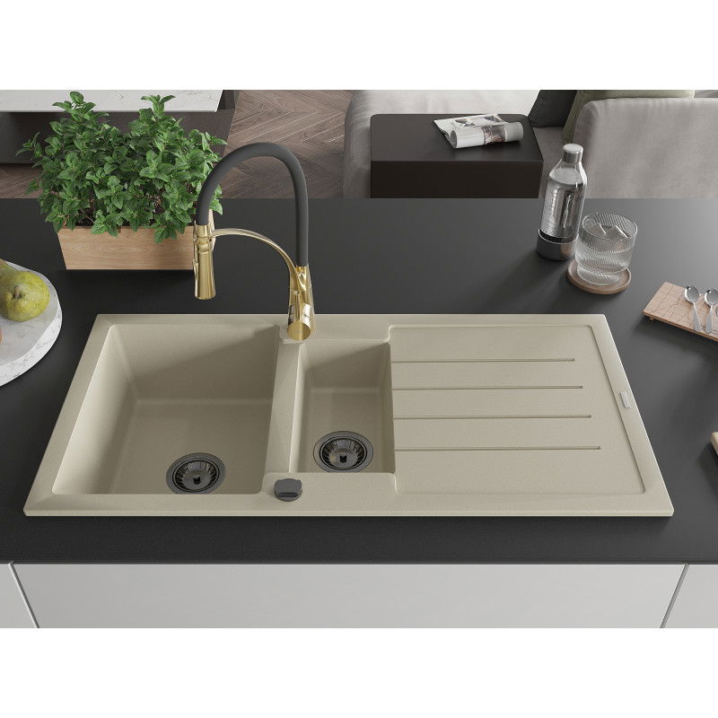 Mexen Andres zlewozmywak granitowy 1,5-komorowy z ociekaczem i baterią kuchenną Aster, beżowy - 6515-69-73450-57-B
