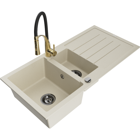 Mexen Andres zlewozmywak granitowy 1,5-komorowy z ociekaczem i baterią kuchenną Aster, beżowy - 6515-69-73450-57-B