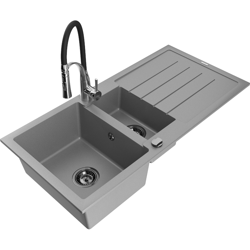 Mexen Andres zlewozmywak granitowy 1,5-komorowy z ociekaczem i baterią kuchenną Aster, szary - 6515-71-73450-07-B