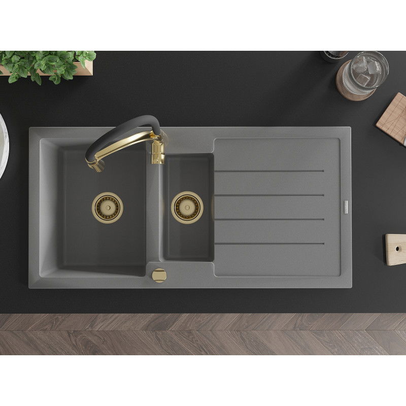 Mexen Andres zlewozmywak granitowy 1,5-komorowy z ociekaczem i baterią kuchenną Aster, szary - 6515-71-73450-57-G