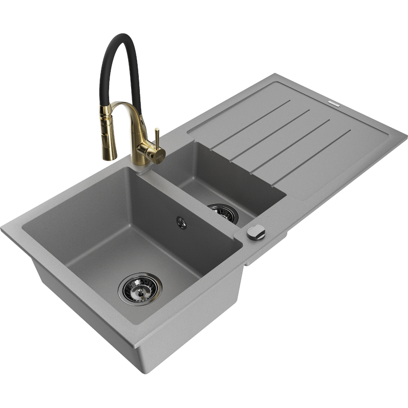 Mexen Andres zlewozmywak granitowy 1,5-komorowy z ociekaczem i baterią kuchenną Aster, szary - 6515-71-73450-57-B