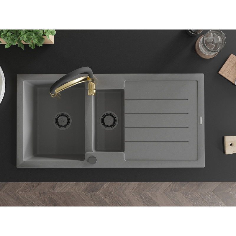Mexen Andres zlewozmywak granitowy 1,5-komorowy z ociekaczem i baterią kuchenną Aster, szary - 6515-71-73450-57-B