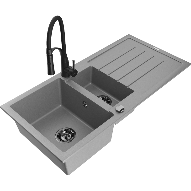 Mexen Andres zlewozmywak granitowy 1,5-komorowy z ociekaczem i baterią kuchenną Aster, szary - 6515-71-73450-70-B