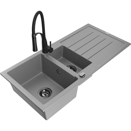 Mexen Andres zlewozmywak granitowy 1,5-komorowy z ociekaczem i baterią kuchenną Aster, szary - 6515-71-73450-70-B