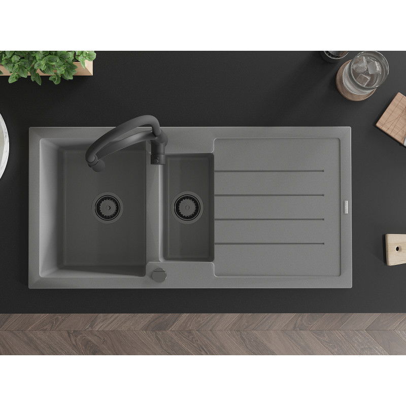 Mexen Andres zlewozmywak granitowy 1,5-komorowy z ociekaczem i baterią kuchenną Aster, szary - 6515-71-73450-70-B