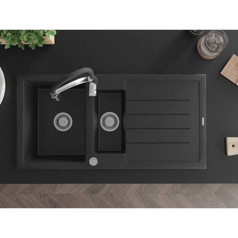 Mexen Andres zlewozmywak granitowy 1,5-komorowy z ociekaczem i baterią kuchenną Aster, czarny/srebrny metalik - 6515-73-73450-07