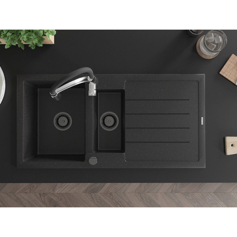 Mexen Andres zlewozmywak granitowy 1,5-komorowy z ociekaczem i baterią kuchenną Aster, czarny/srebrny - 6515-73-73450-07-B