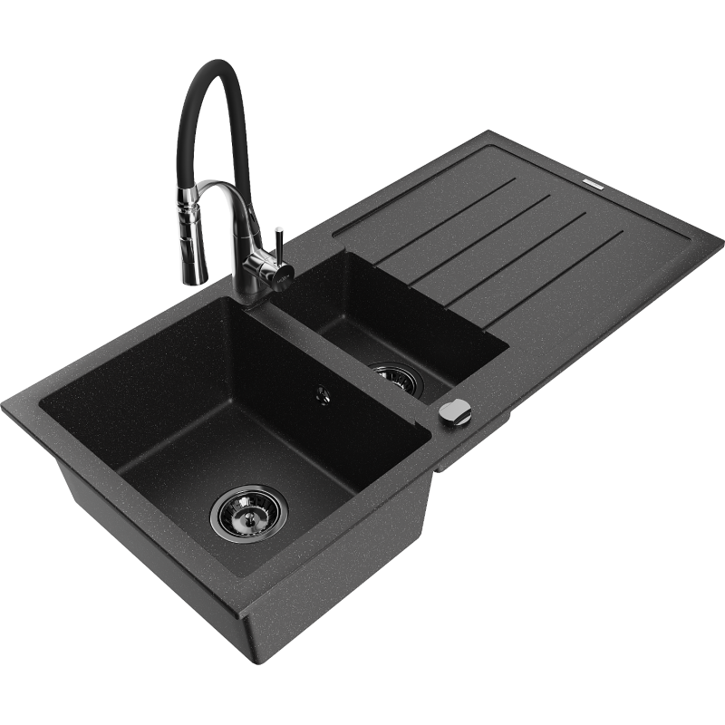 Mexen Andres zlewozmywak granitowy 1,5-komorowy z ociekaczem i baterią kuchenną Aster, czarny/srebrny - 6515-73-73450-07-B