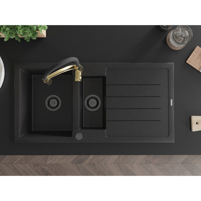 Mexen Andres zlewozmywak granitowy 1,5-komorowy z ociekaczem i baterią kuchenną Aster, czarny/srebrny - 6515-73-73450-57-B