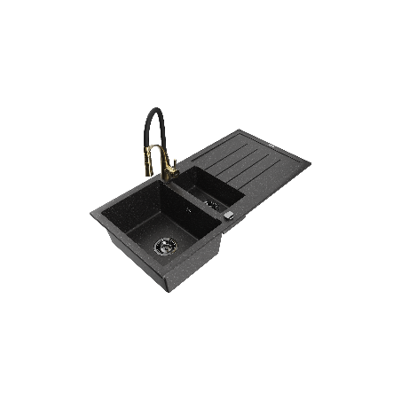 Mexen Andres zlewozmywak granitowy 1,5-komorowy z ociekaczem i baterią kuchenną Aster, czarny/srebrny - 6515-73-73450-57-B