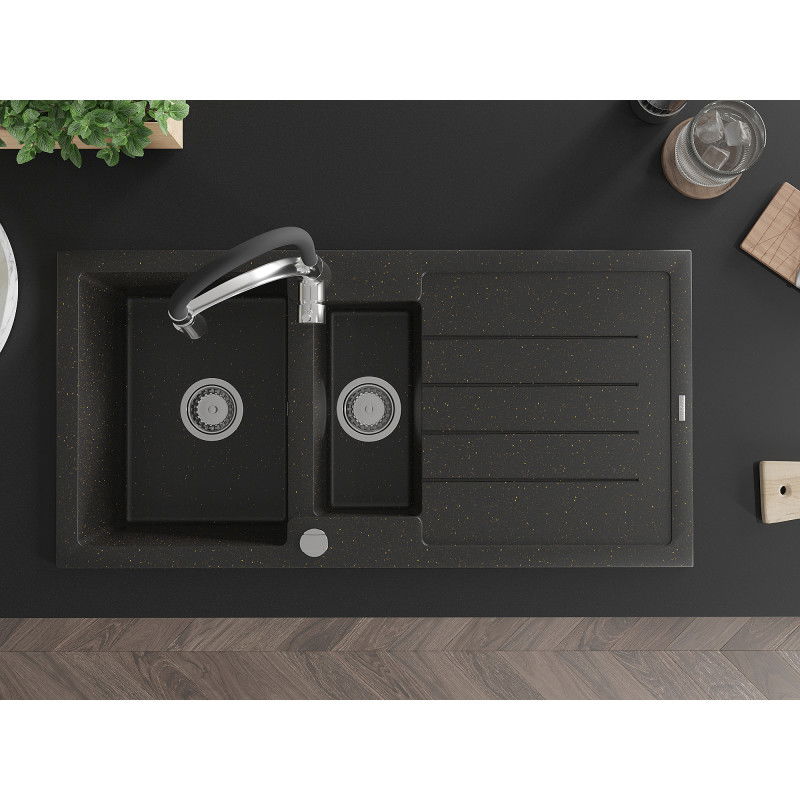 Mexen Andres zlewozmywak granitowy 1,5-komorowy z ociekaczem i baterią kuchenną Aster, czarny/złoty metalik - 6515-75-73450-07