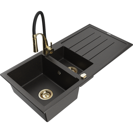 Mexen Andres zlewozmywak granitowy 1,5-komorowy z ociekaczem i baterią kuchenną Aster, czarny/złoty metalik - 6515-75-73450-57-G