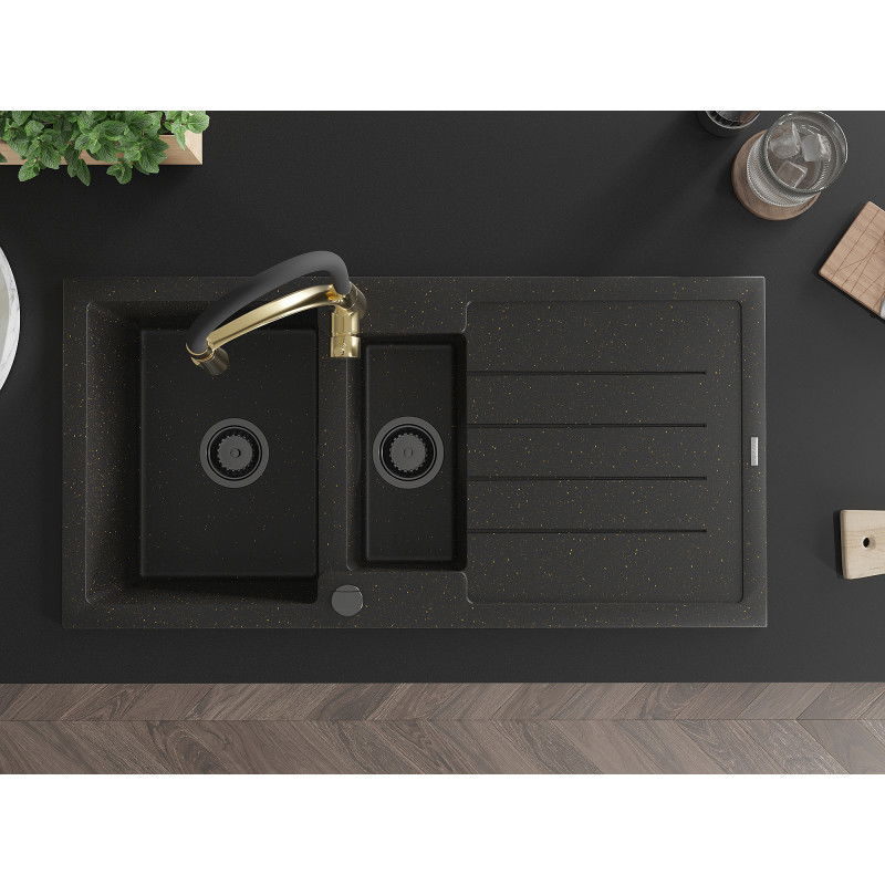 Mexen Andres zlewozmywak granitowy 1,5-komorowy z ociekaczem i baterią kuchenną Aster, czarny/złoty metalik - 6515-75-73450-57-B