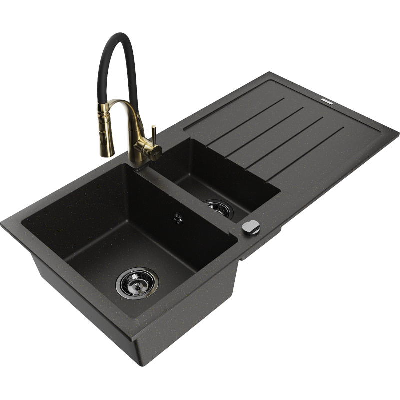 Mexen Andres zlewozmywak granitowy 1,5-komorowy z ociekaczem i baterią kuchenną Aster, czarny/złoty metalik - 6515-75-73450-57-B