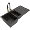 Mexen Andres zlewozmywak granitowy 1,5-komorowy z ociekaczem i baterią kuchenną Aster, czarny/złoty metalik - 6515-75-73450-57-B