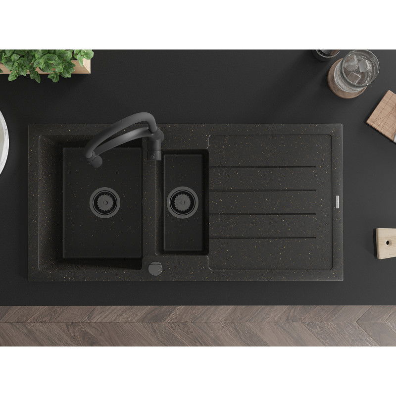 Mexen Andres zlewozmywak granitowy 1,5-komorowy z ociekaczem i baterią kuchenną Aster, czarny/złoty metalik - 6515-75-73450-70-B