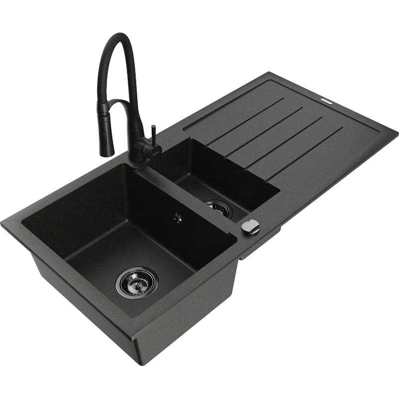 Mexen Andres zlewozmywak granitowy 1,5-komorowy z ociekaczem i baterią kuchenną Aster, czarny/złoty metalik - 6515-75-73450-70-B